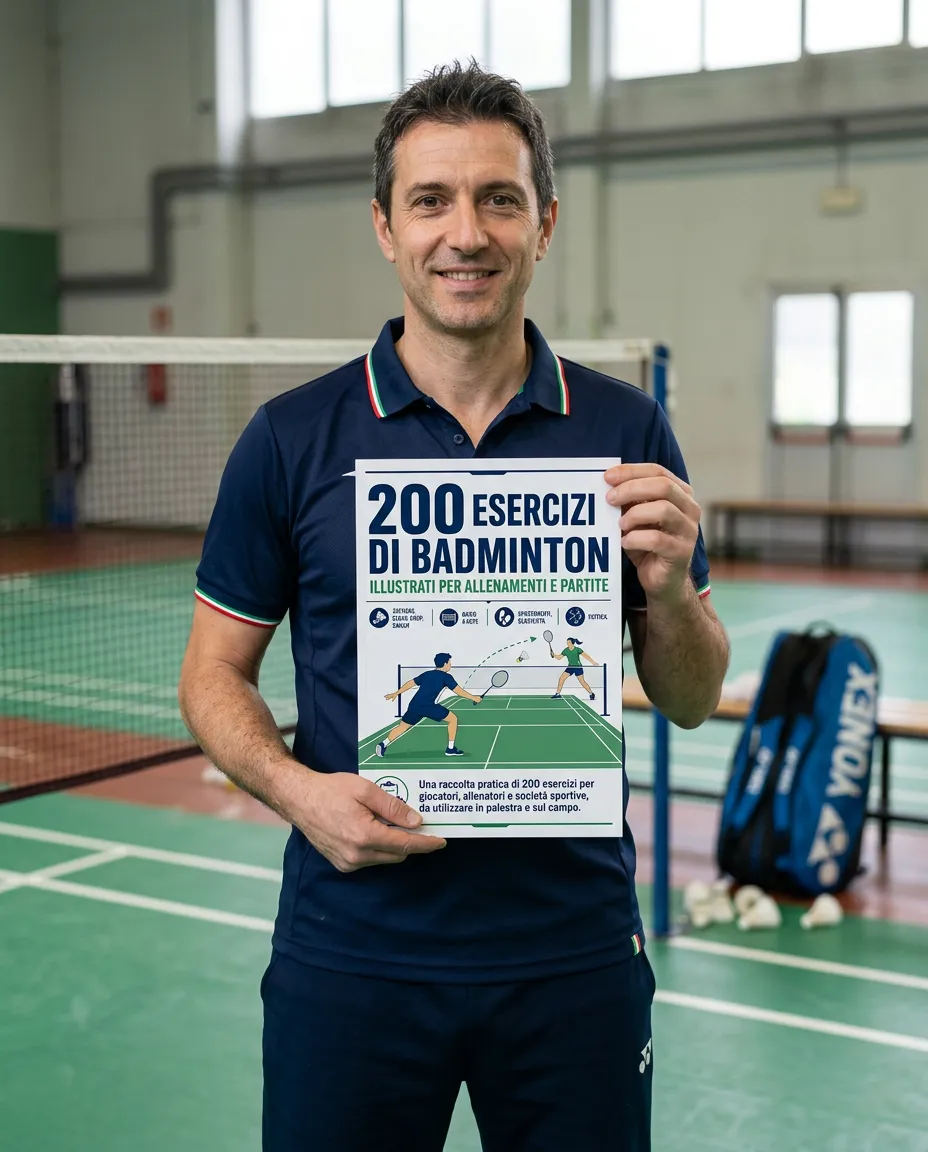 Allenatore italiano che consulta la guida di badminton in palestra