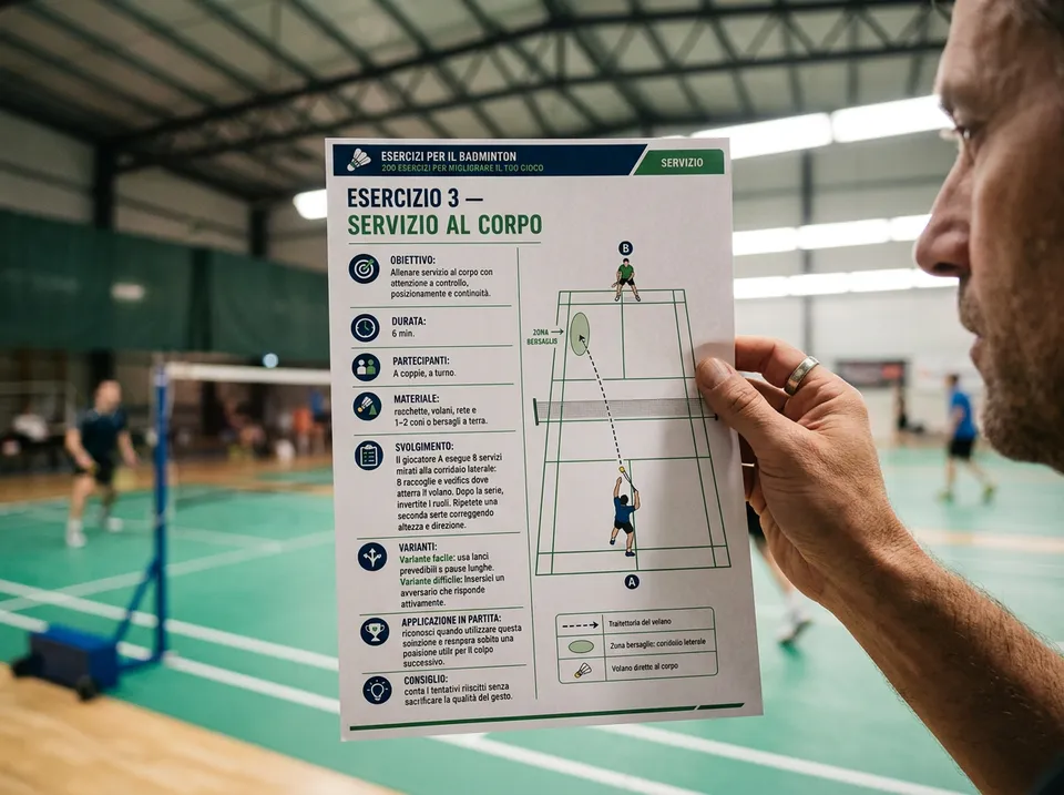 Una mano tiene un esercizio di badminton stampato in A4 in palestra