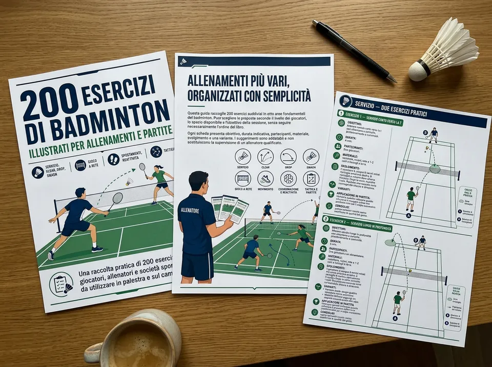 Pagine della guida di badminton stampate in A4 su un tavolo