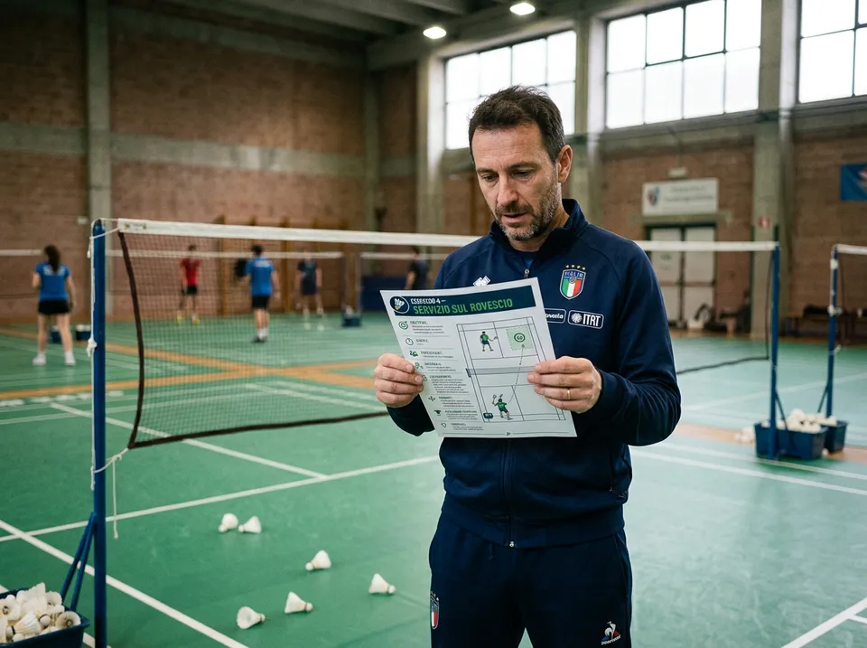 Un allenatore italiano legge un esercizio stampato sul campo da badminton